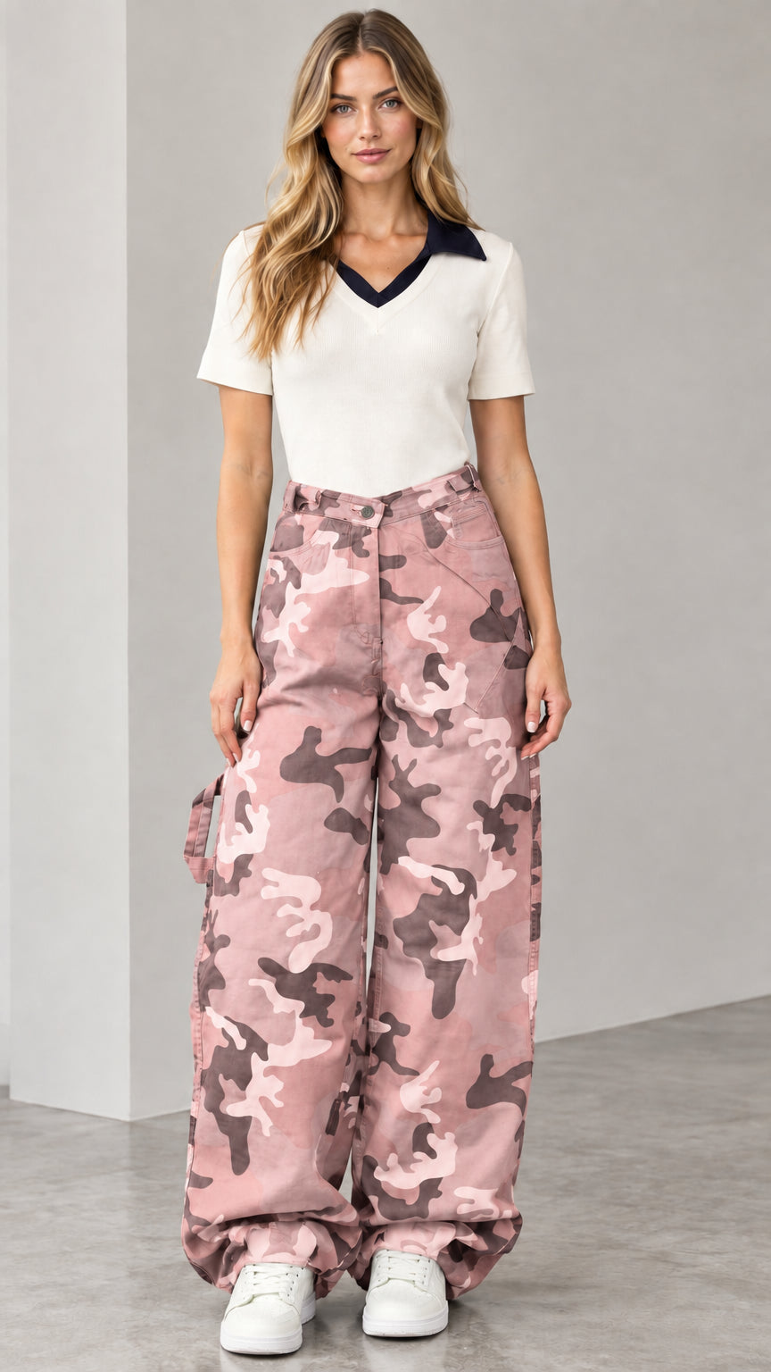 Model wearing pink camouflage asymmetrical waist wide-leg cargo pants