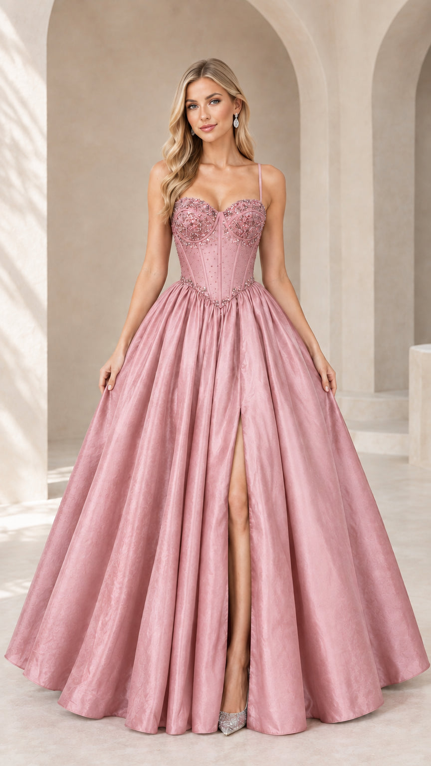 Front view of dusty rose pink beaded corset formal gown with high slit