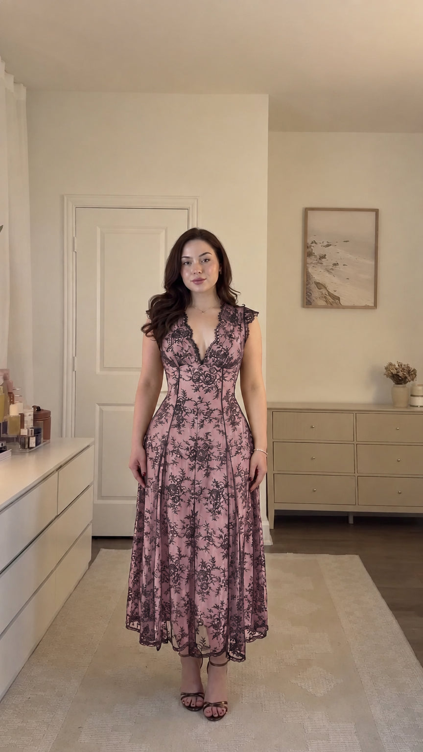 Model wearing dusty pink floral lace corset midi dress
