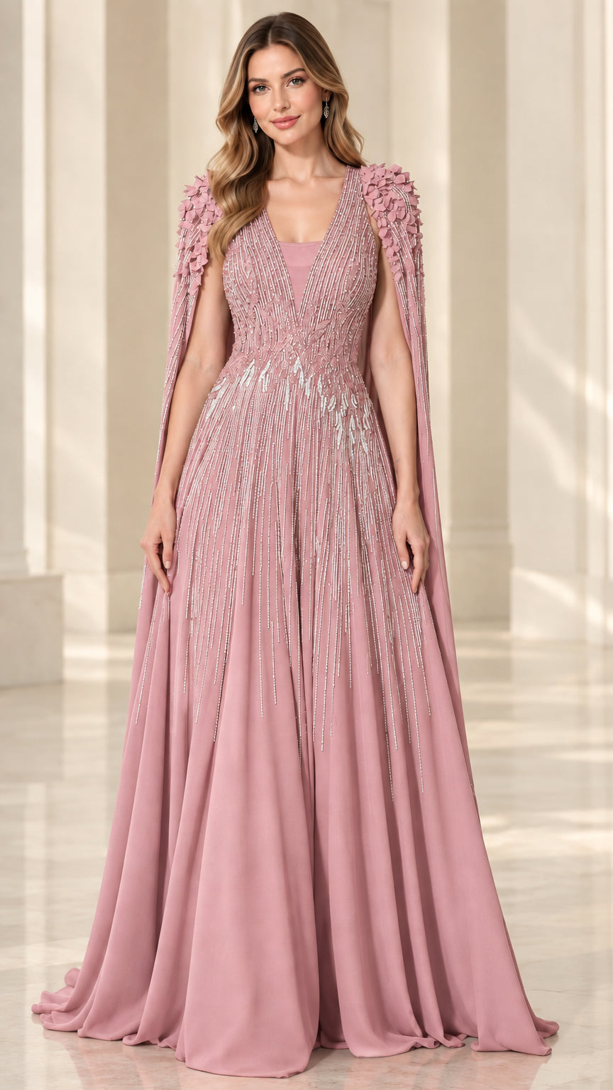 Dusty rose beaded cape sleeve floor-length formal dress