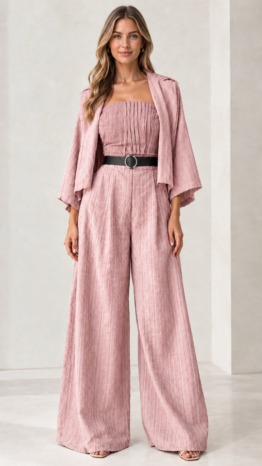 Full front view of the pleated bandeau wide-leg jumpsuit set in dusty pink