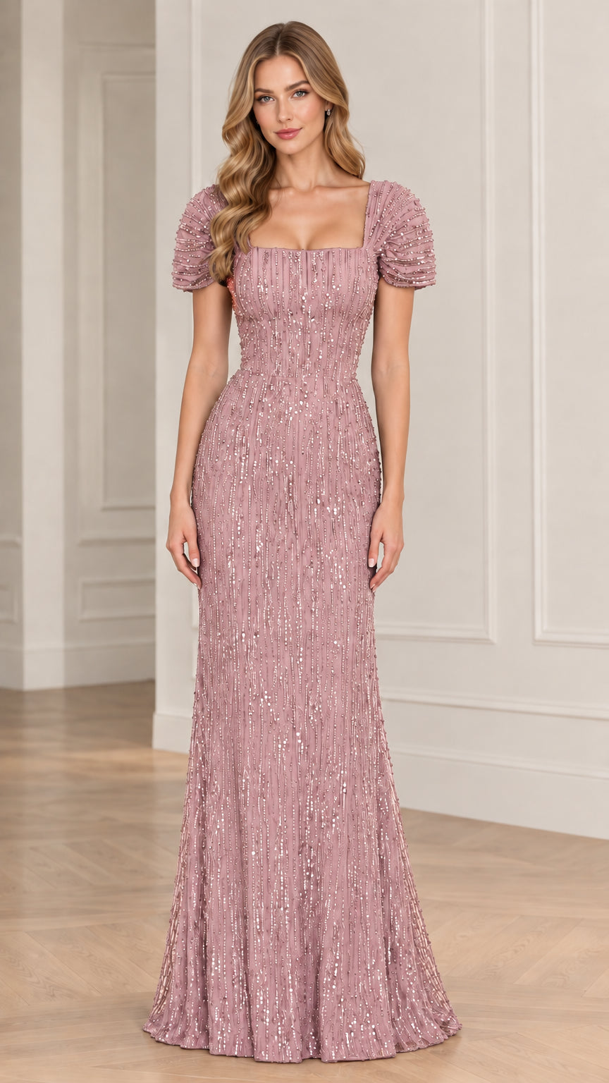 Full front view of dusty rose sequin square neck puff sleeve evening gown