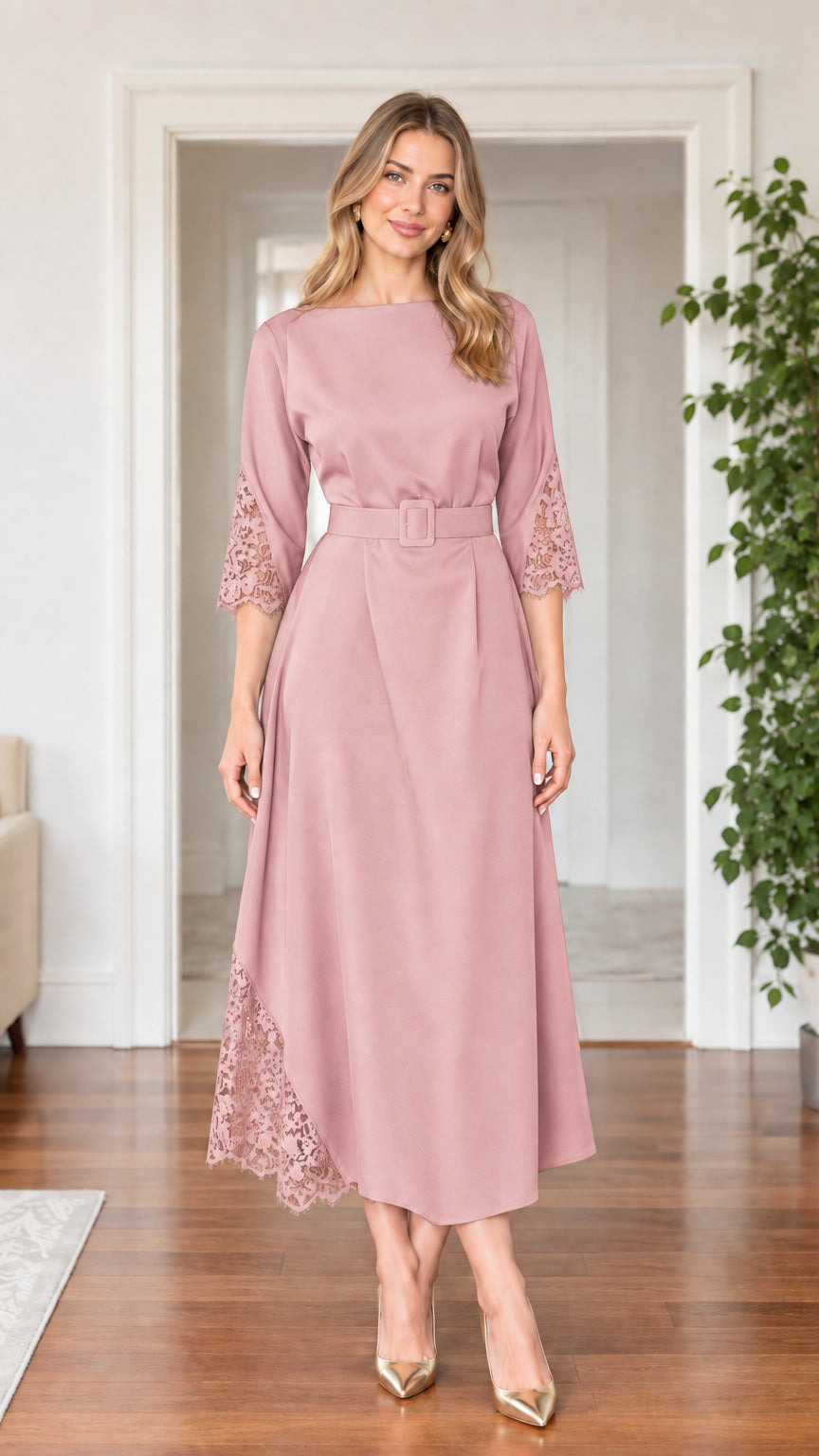 Front full-length view of woman wearing dusty pink lace trim belted midi dress
