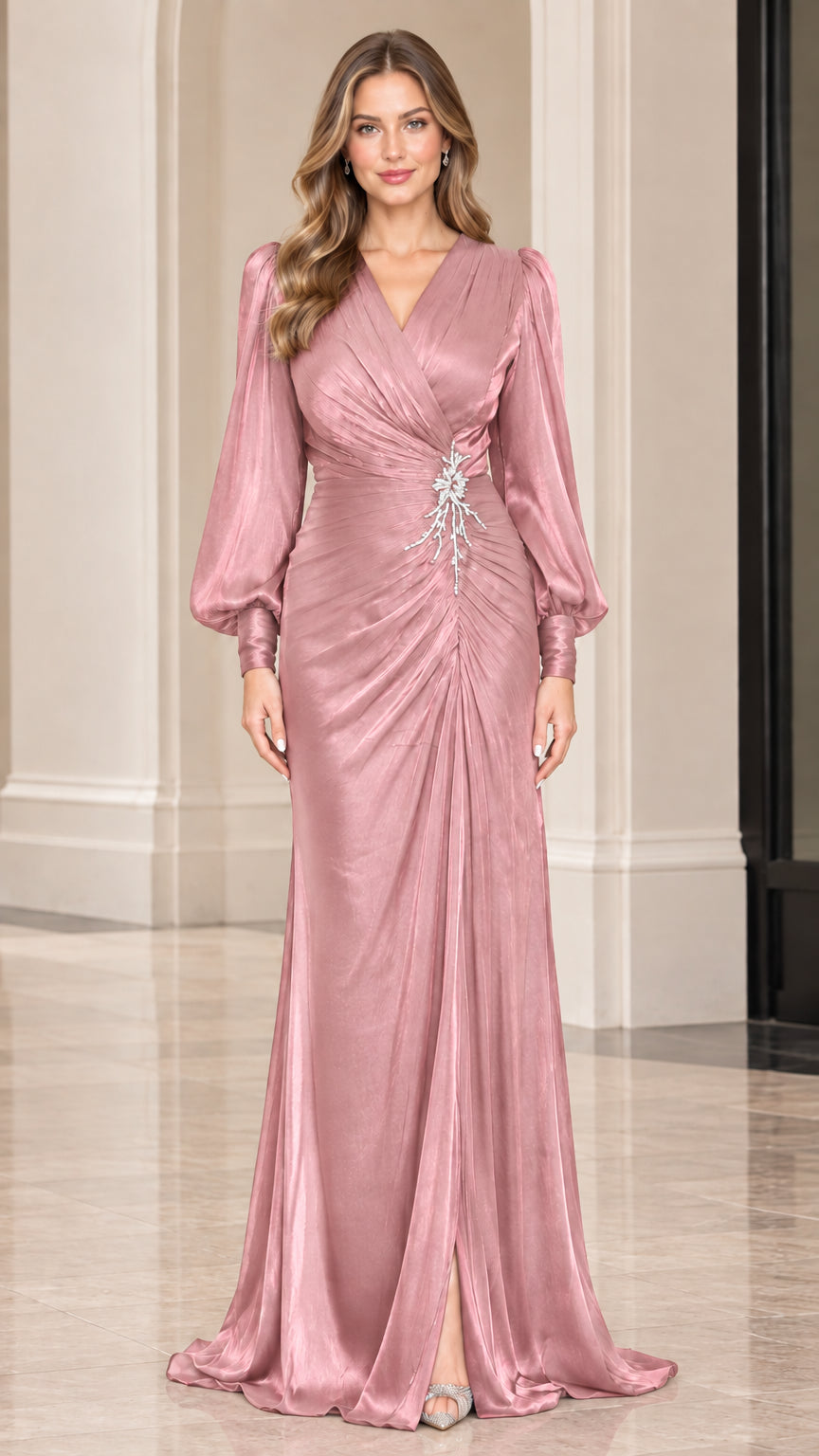 Front view of dusty rose pink long sleeve ruched satin evening dress
