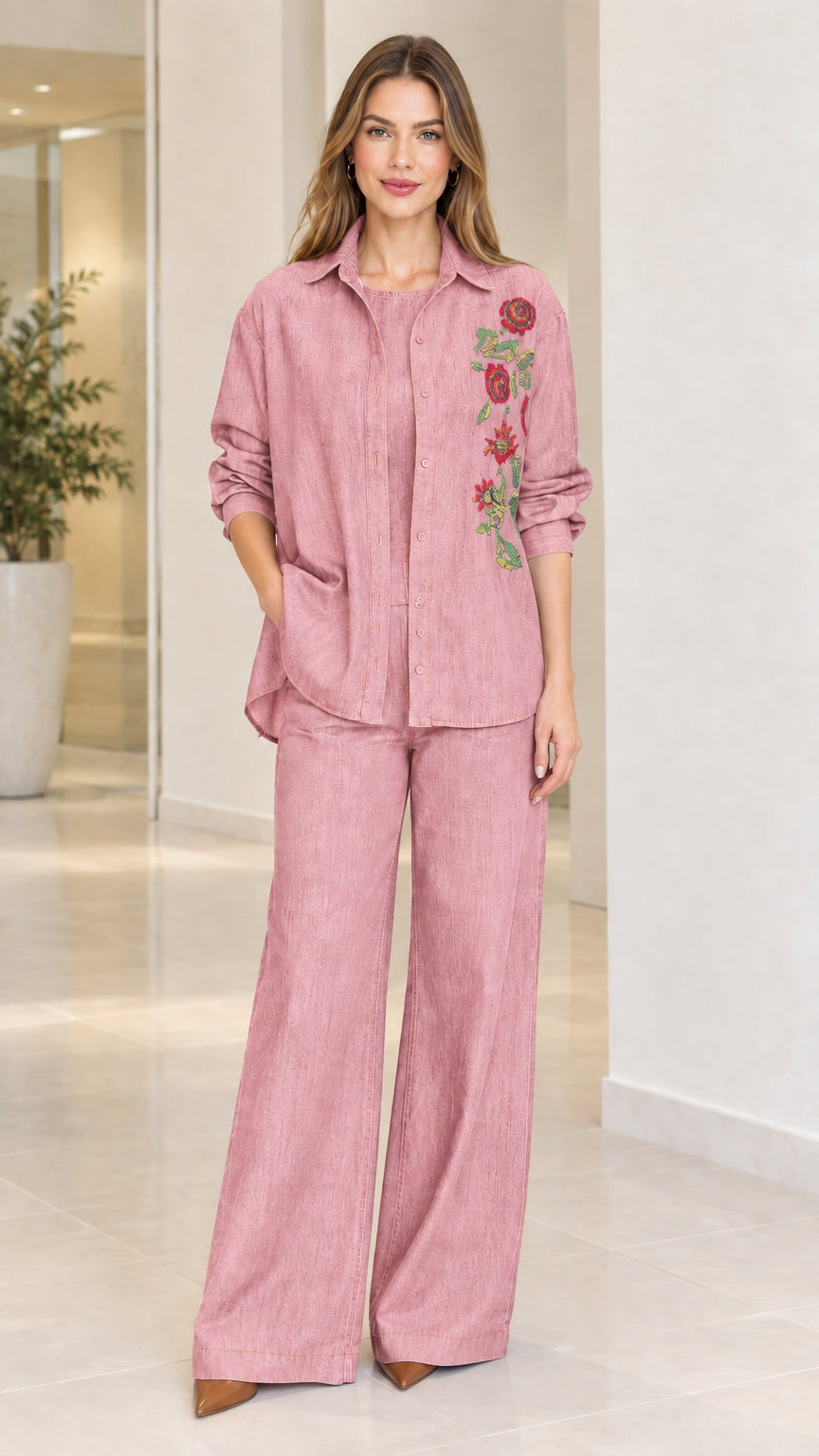 Dusty rose pink floral embroidered relaxed shirt and wide-leg pants set