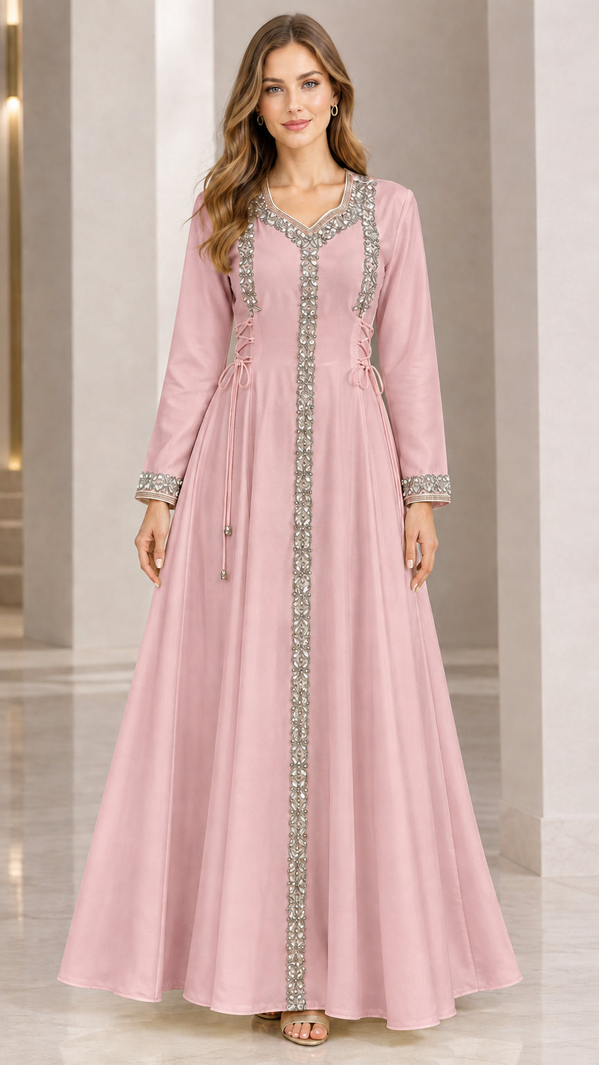 Front view of woman wearing dusty pink long sleeve beaded maxi dress