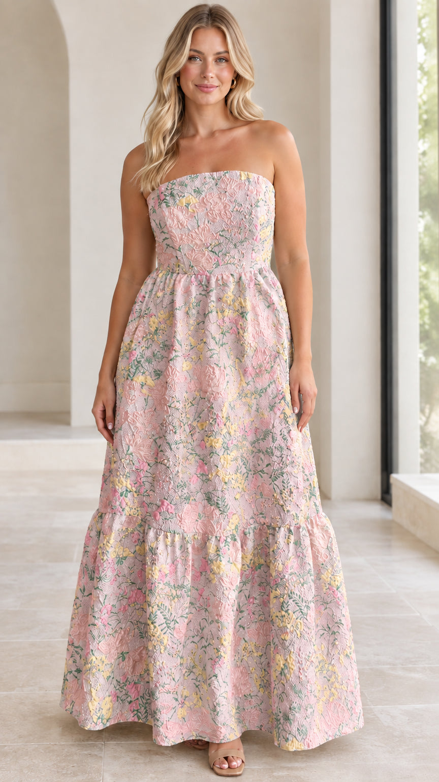Front full view of strapless floral jacquard maxi dress in blush pink