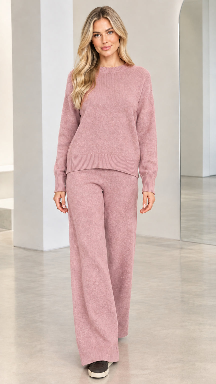 Model wearing dusty rose 2-piece knit sweater and wide-leg pants set