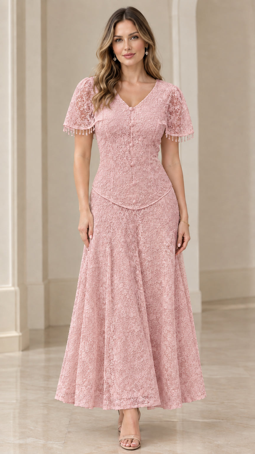 Front view of model in dusty pink floral lace V-neck maxi dress
