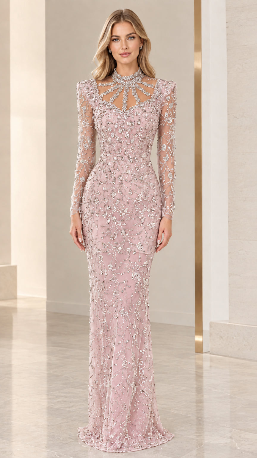 Front view of blush pink long sleeve formal dress with all-over bead embellishments