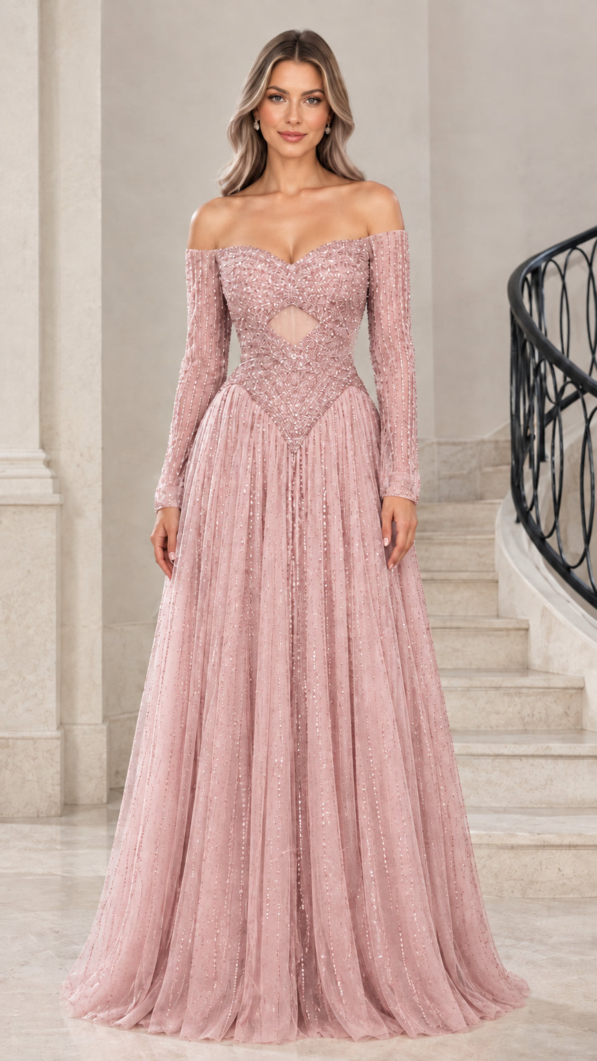 Dusty Pink off-the-shoulder long sleeve sparkling formal dress front view