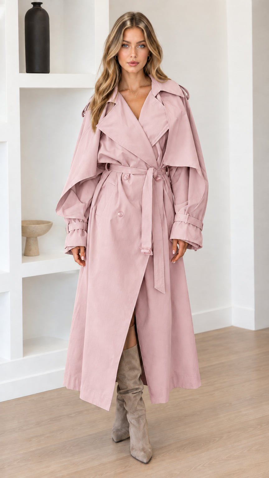Full-length view of woman wearing Dusty Pink belted maxi trench coat