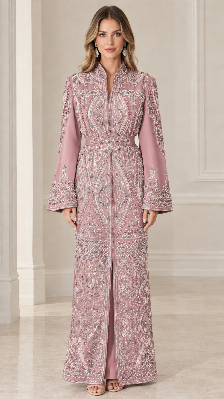 Front view of dusty rose pink beaded embroidered kaftan maxi dress