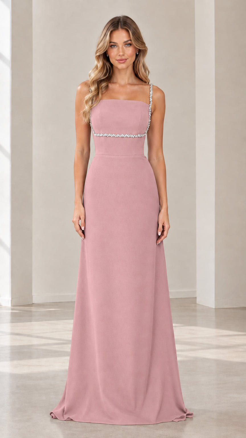 Front view of dusty rose pink formal maxi dress with crystal trim