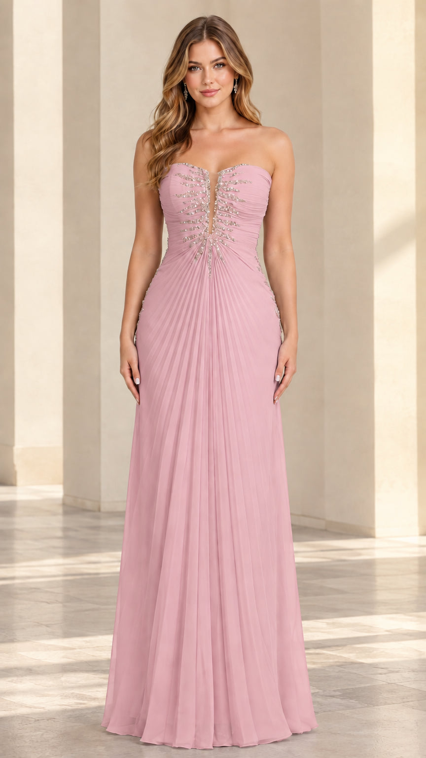Front view of model wearing dusty pink strapless pleated chiffon maxi dress