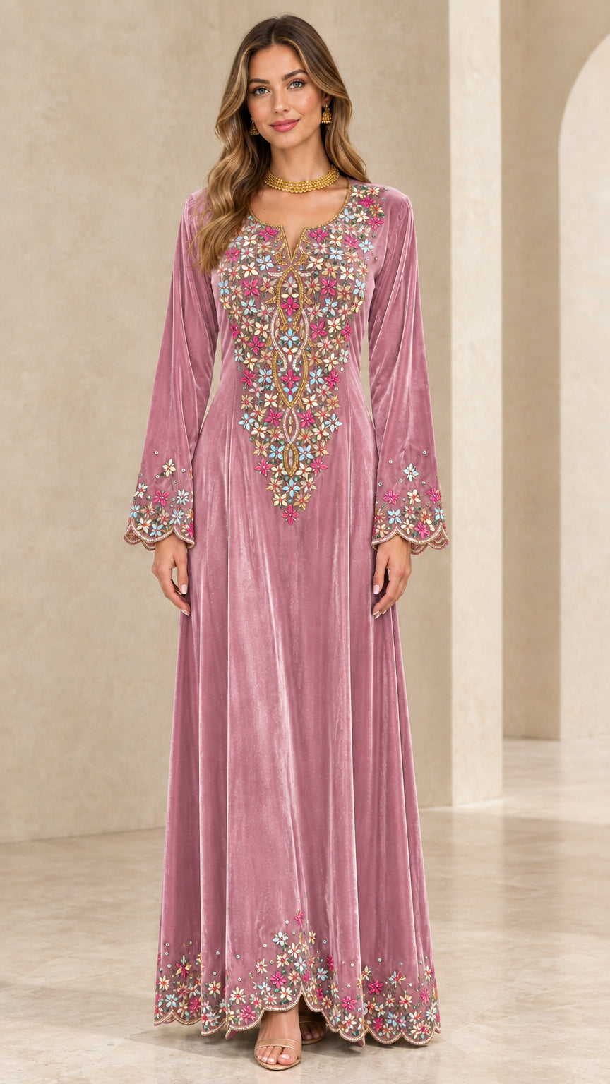 Dusty pink embroidered velvet long sleeve maxi dress