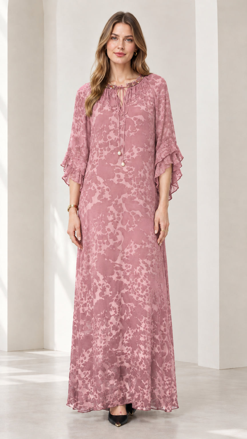 Dusty Rose embellished tie-neck flounce sleeve maxi dress on model
