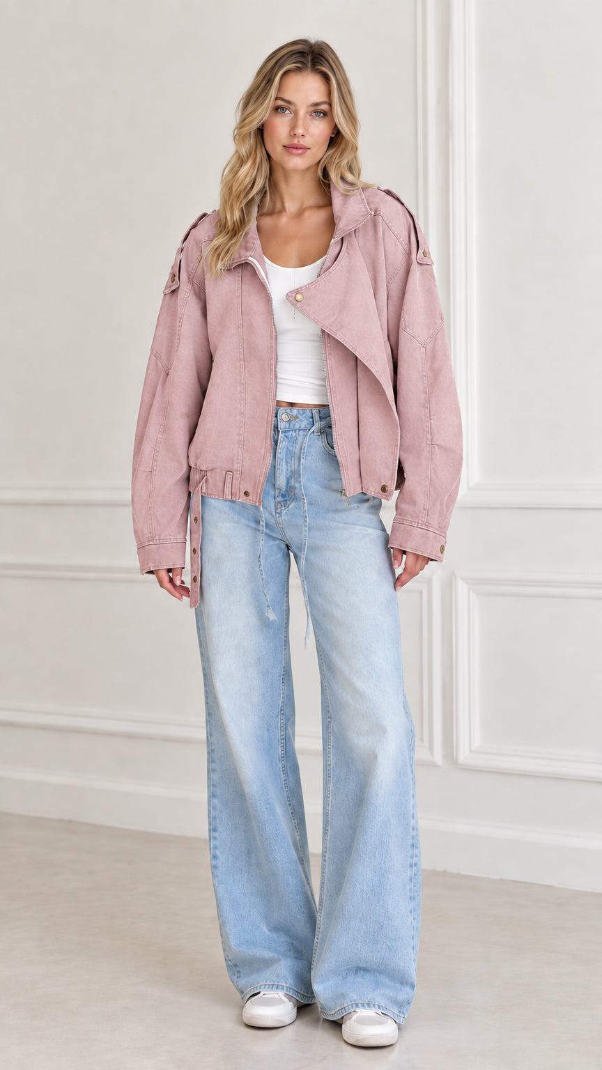 Model wearing Dusty Pink washed utility jacket with light wash denim