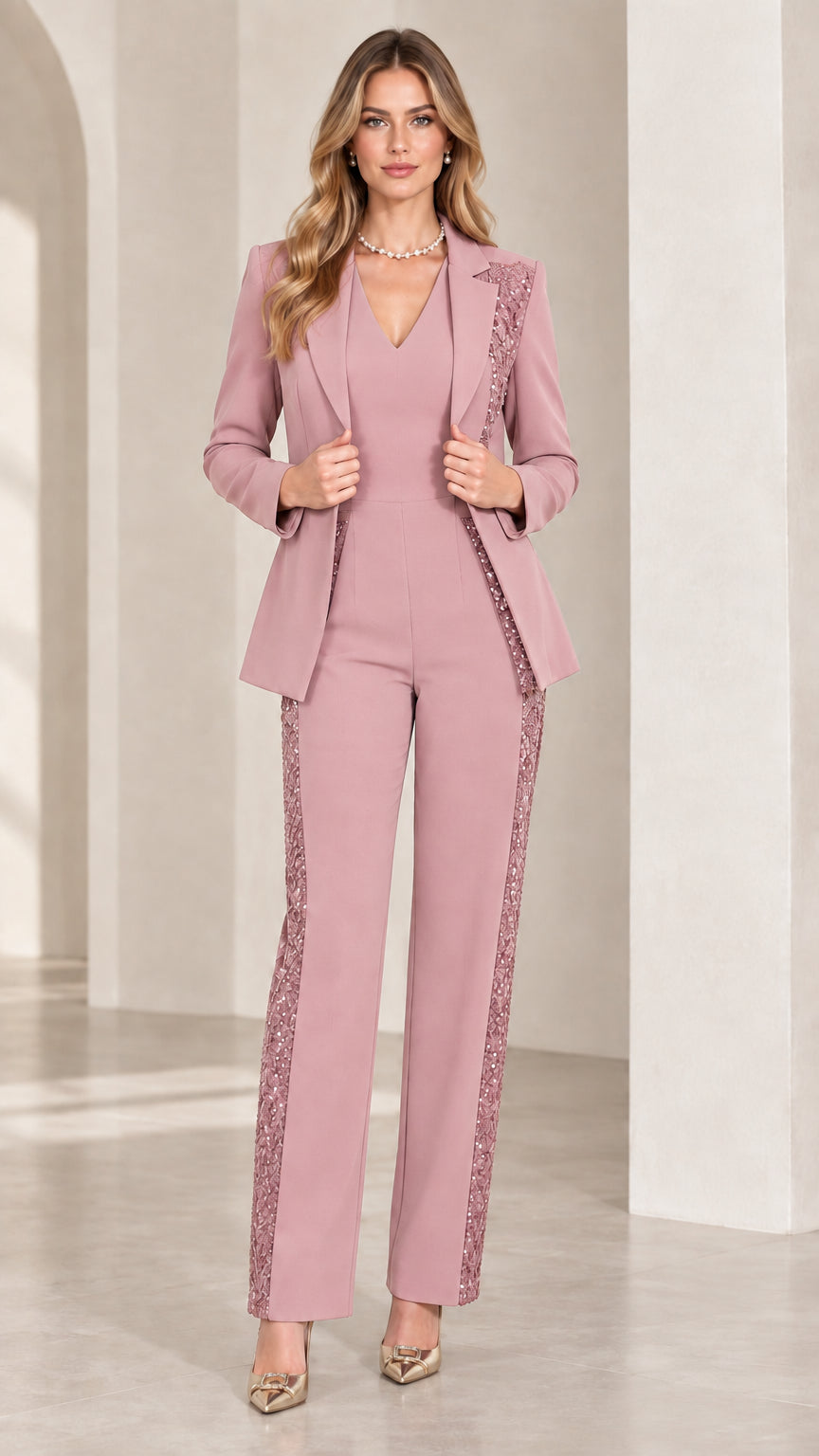 Front view of woman wearing dusty pink sequin-embellished evening pant suit set