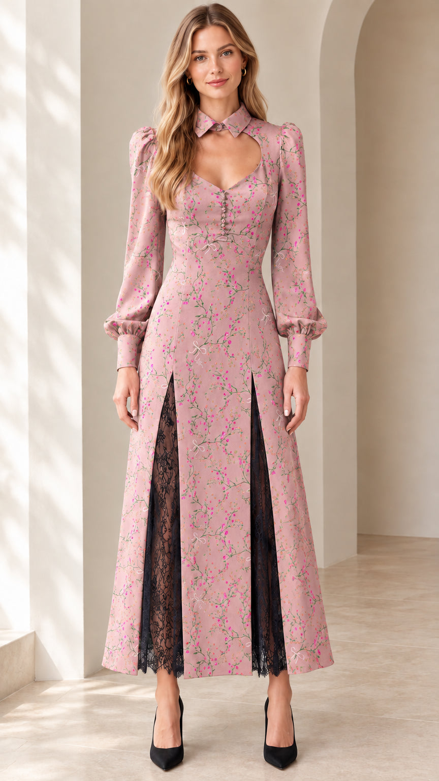 Front view of Blush Pink floral long sleeve cutout maxi dress with lace slits