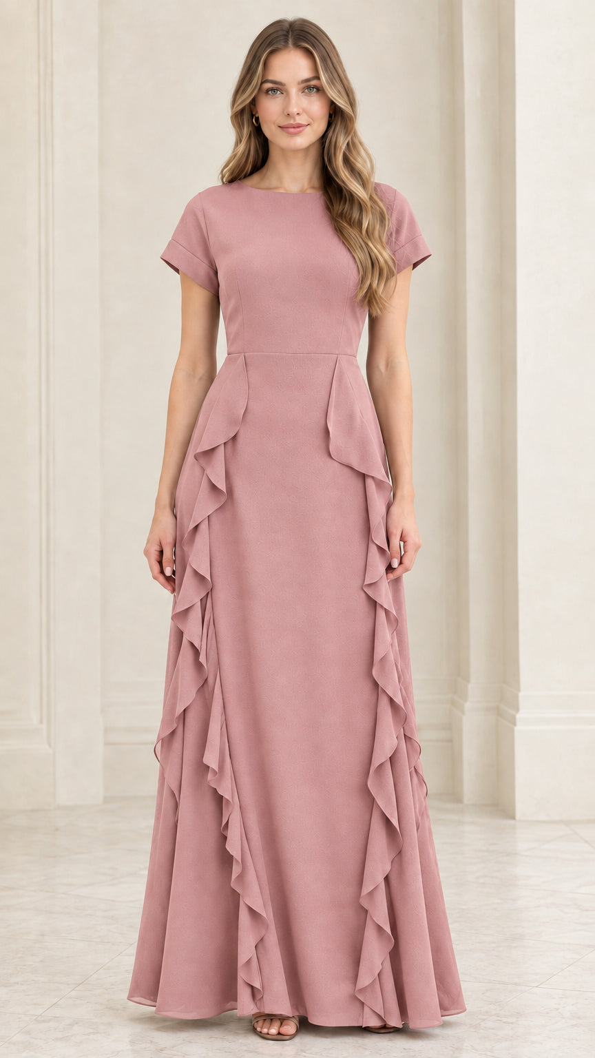 Front full view of dusty rose pink short sleeve formal ruffle gown
