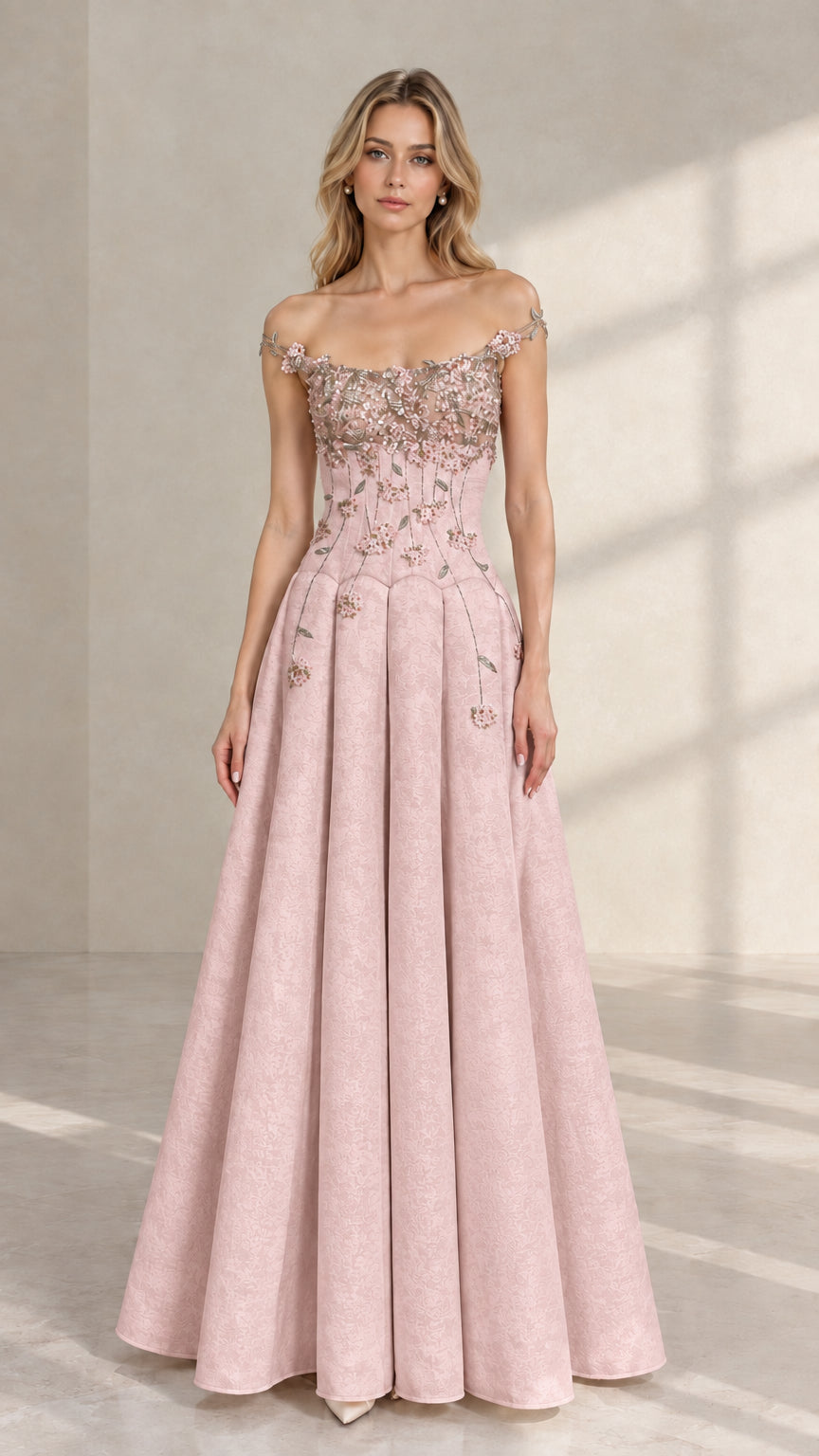 Front view of blush pink off-the-shoulder evening gown with 3D floral lace applique