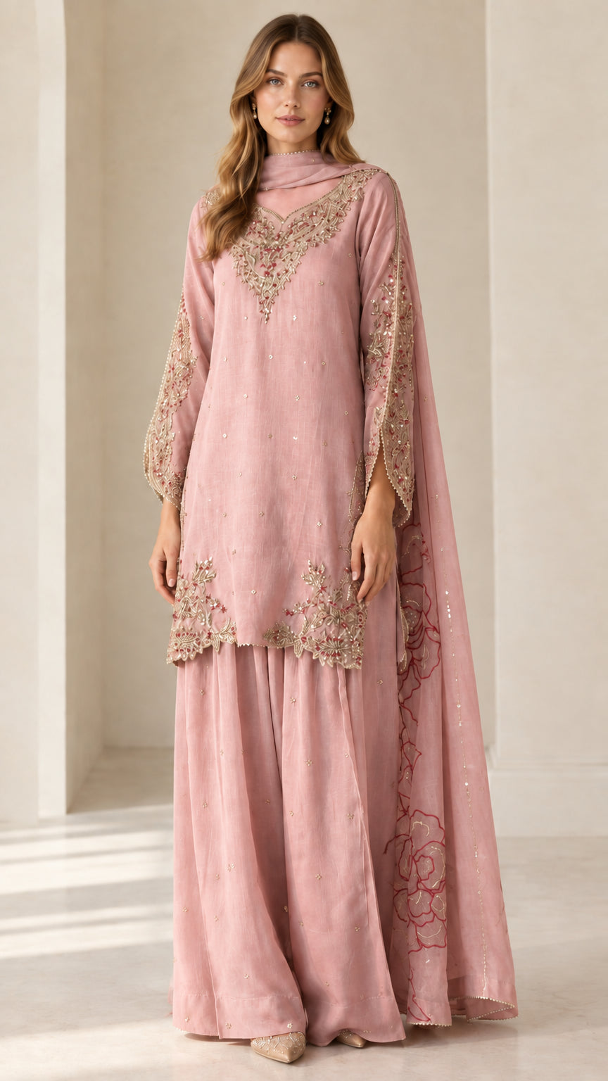 Front view of dusty pink embroidered kurta palazzo suit set
