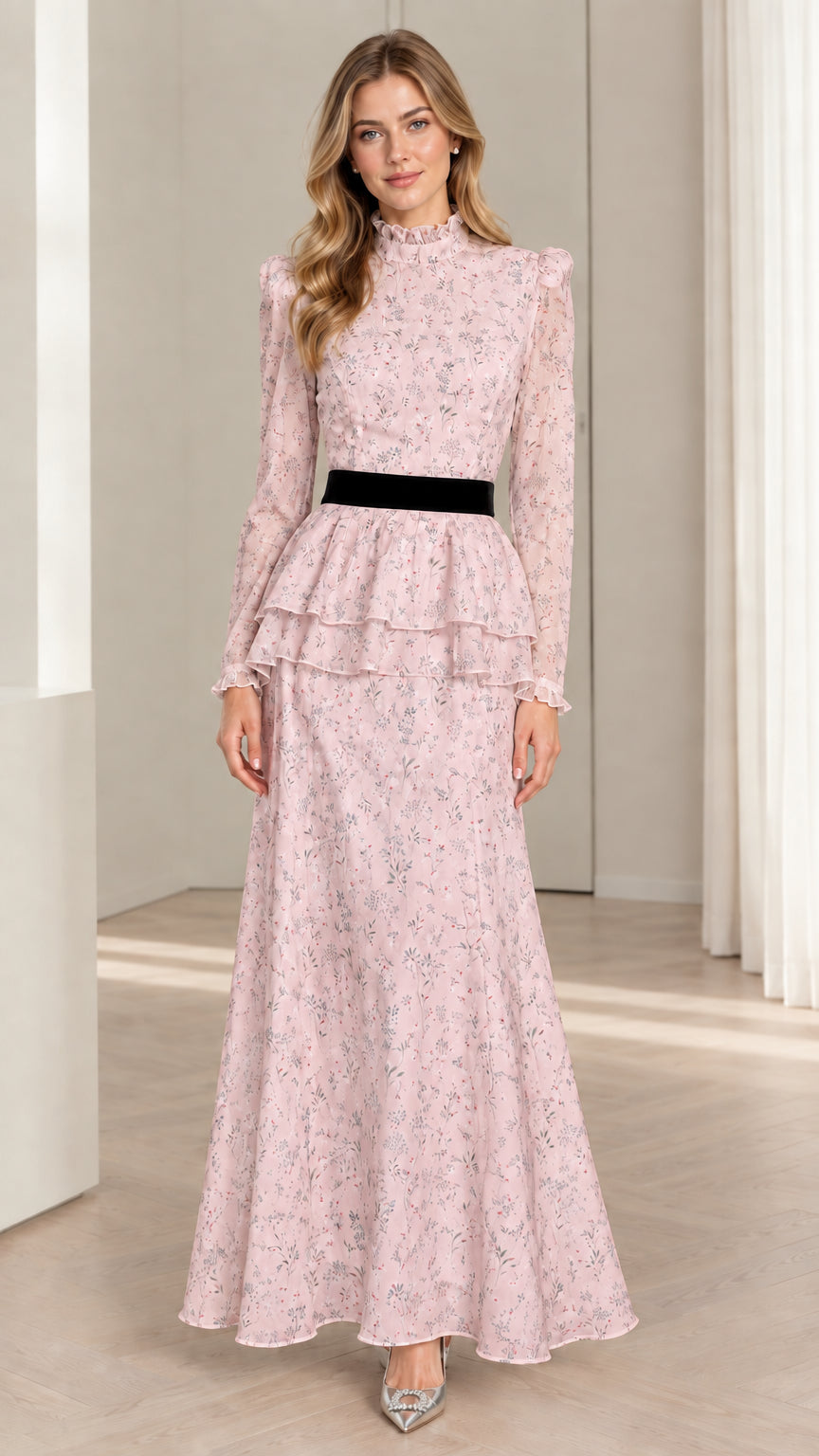 Model wearing blush pink floral tiered peplum maxi dress