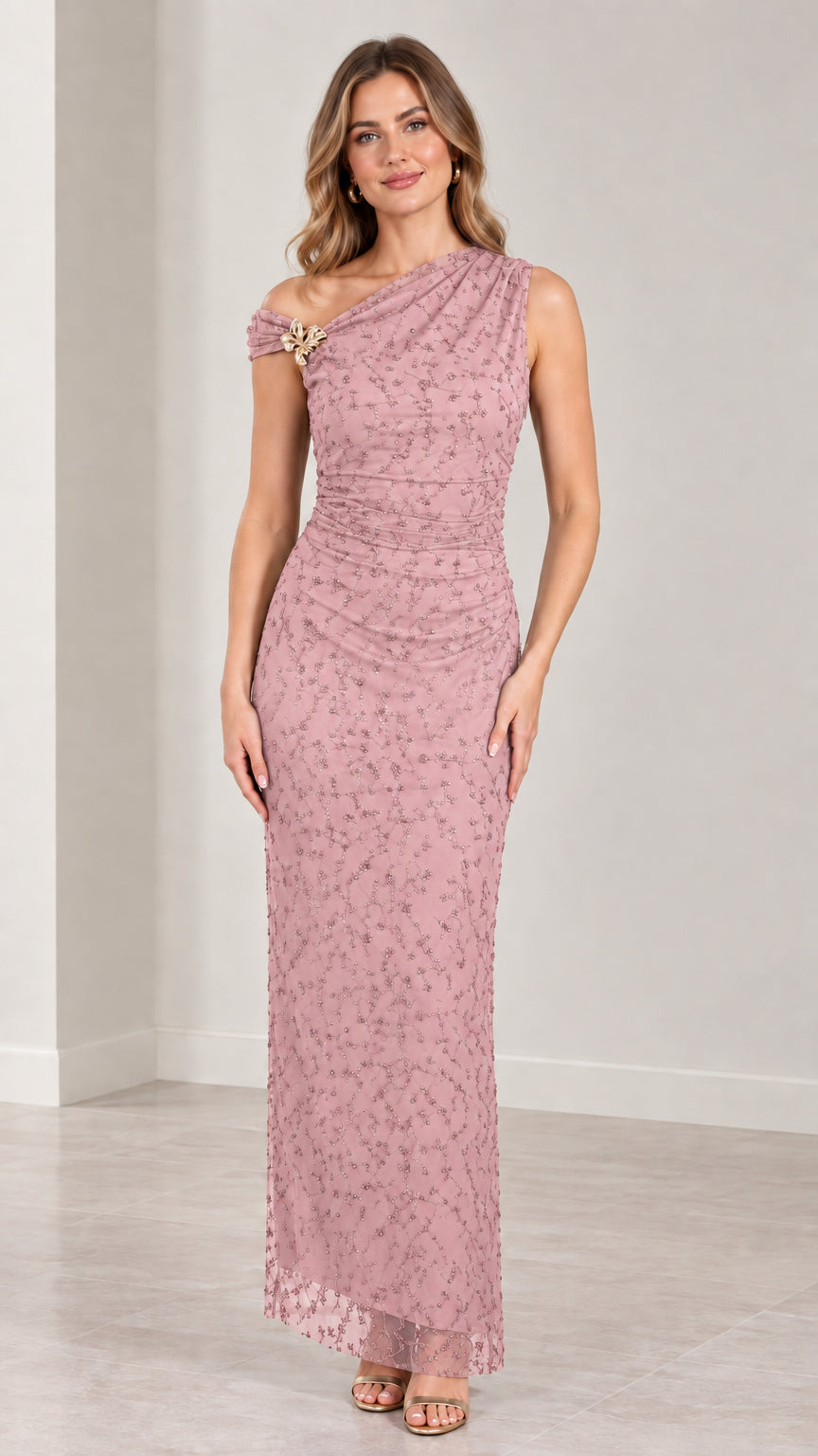 Full-length view of dusty rose one-shoulder ruched evening gown
