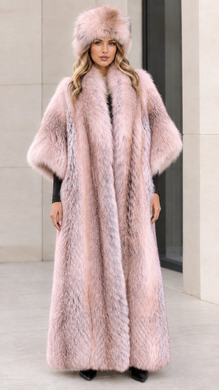Model wearing pastel dusty pink floor-length faux fur coat and matching hat