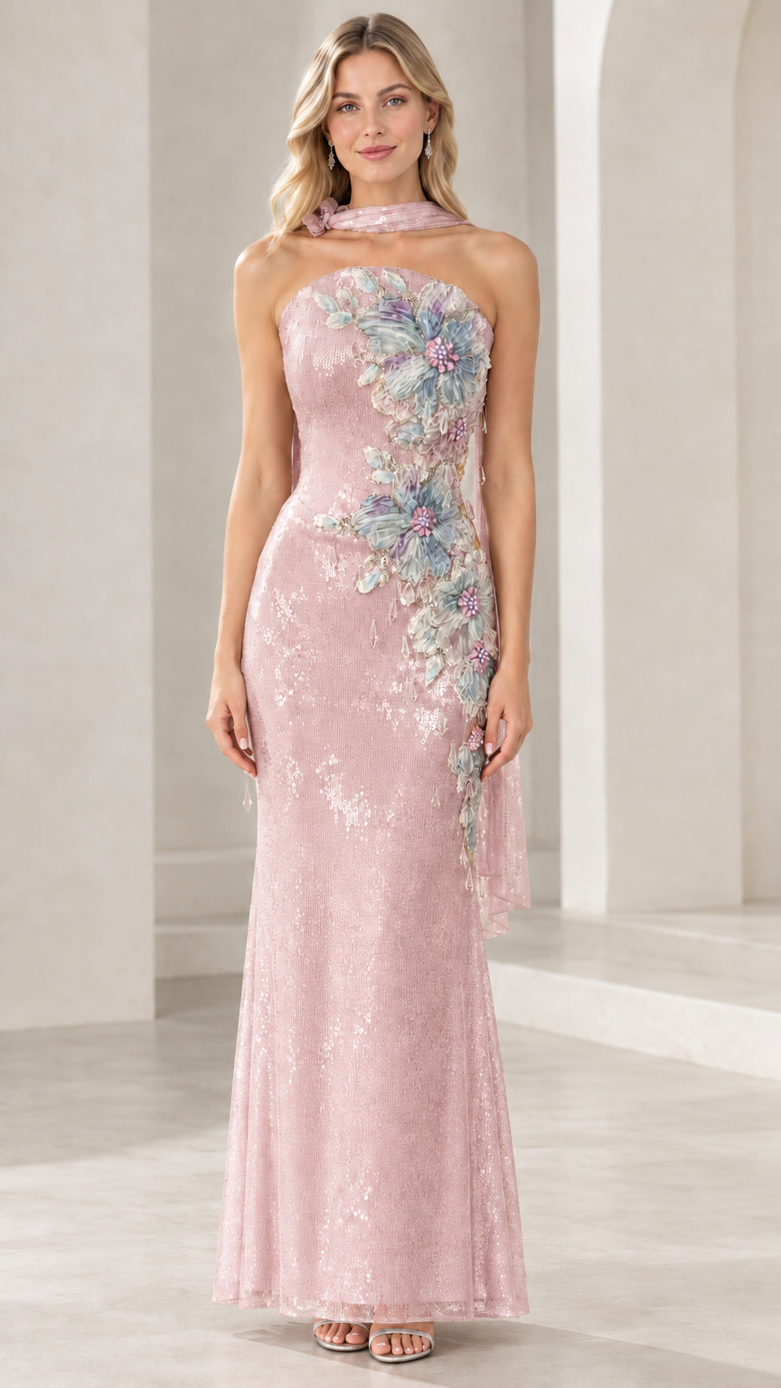 Blush pink strapless sequin formal gown with pastel 3D floral appliqué