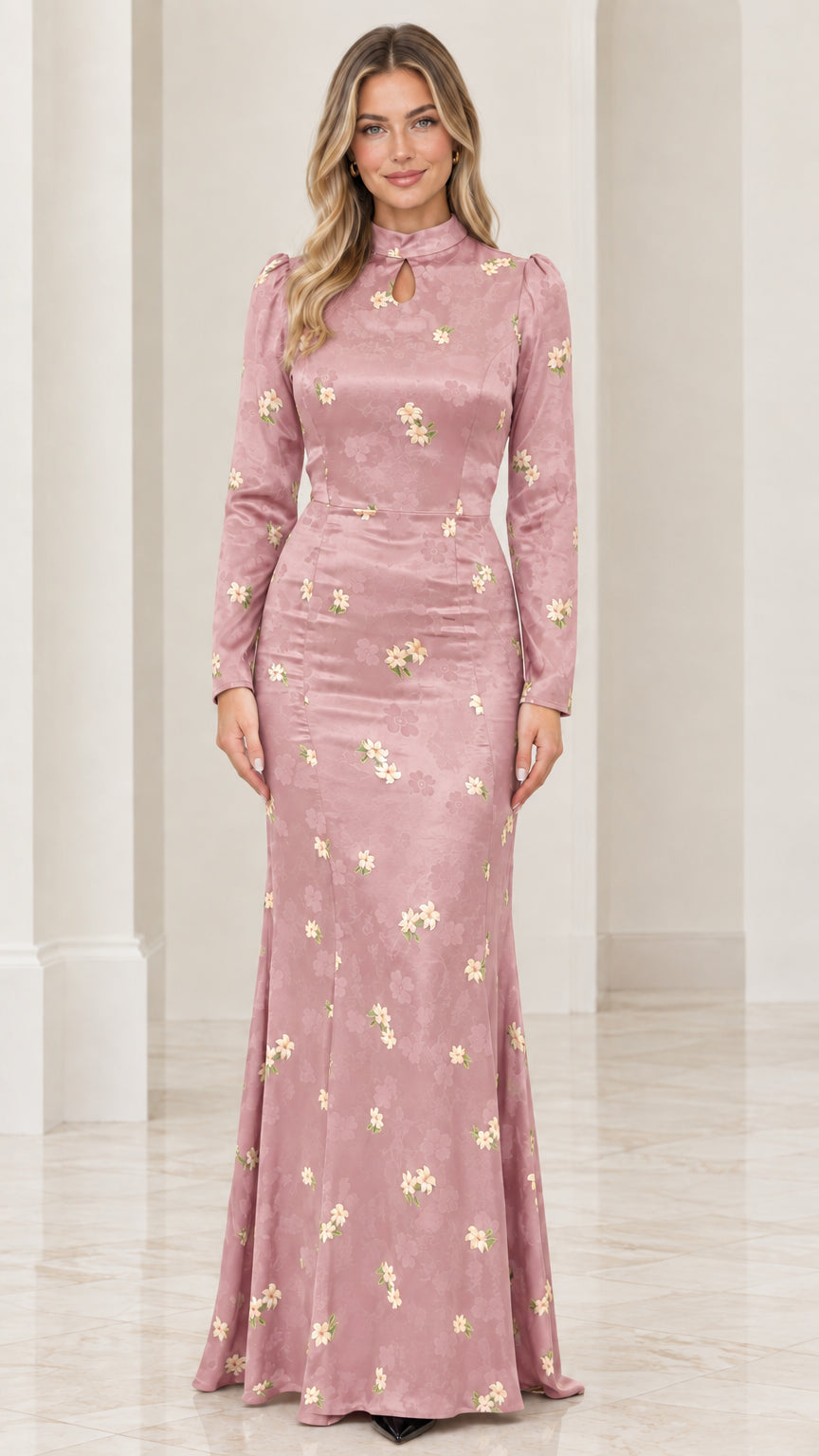 Front view of dusty rose floral jacquard long sleeve mermaid maxi dress