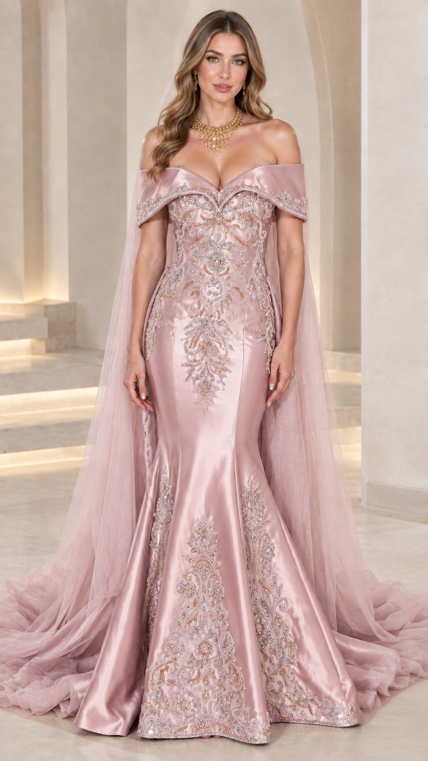 Dusty pink embroidered mermaid evening dress with floor-length cape