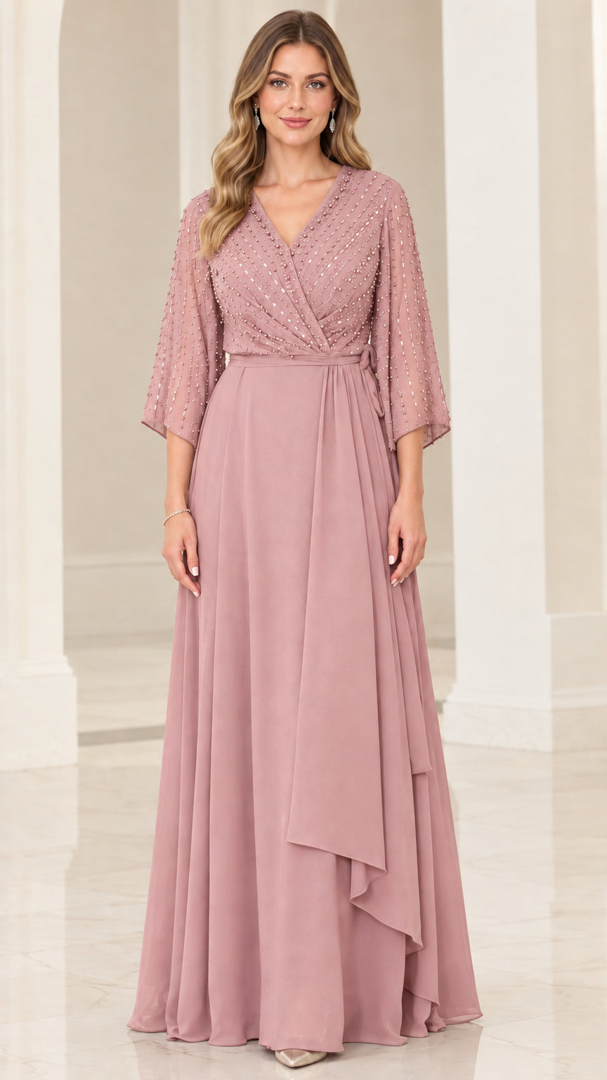 Dusty Rose sequined mother of the bride chiffon maxi gown