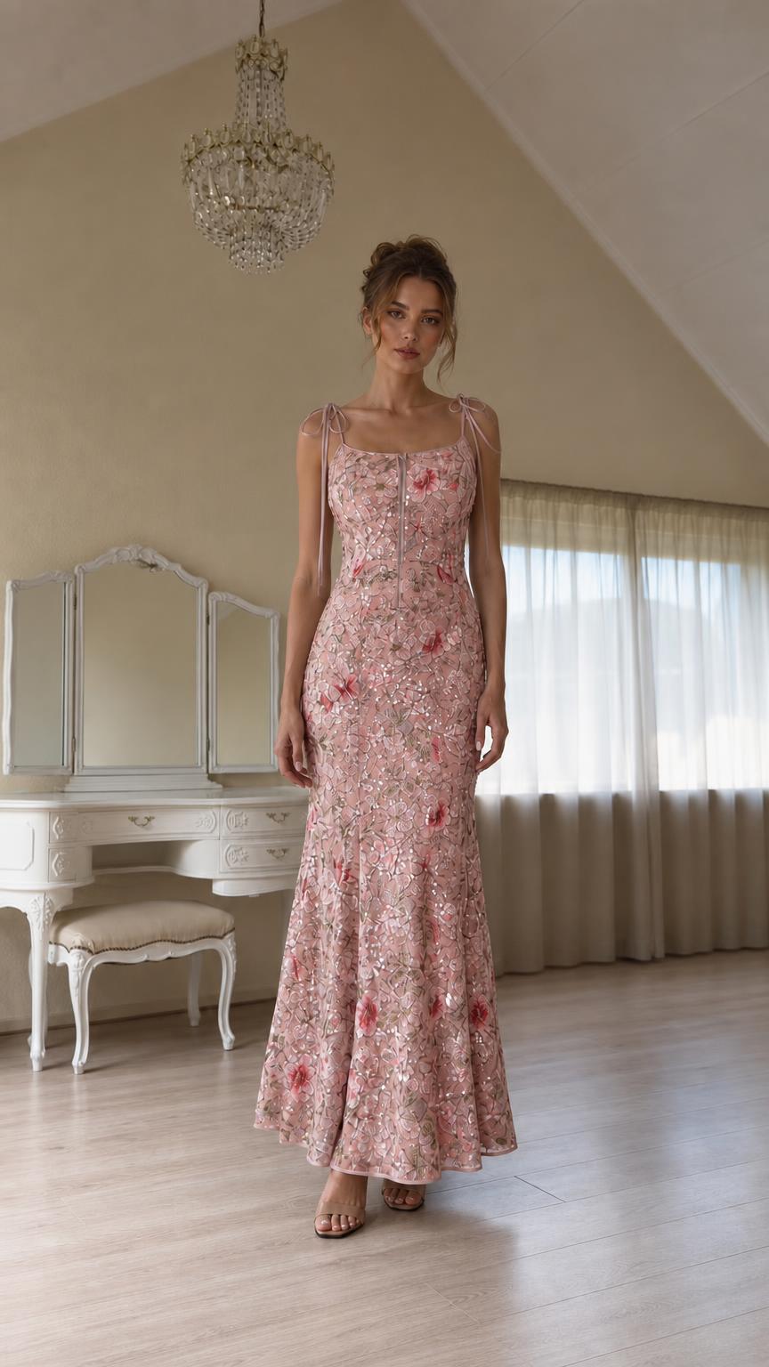 Front view of pink color variant with floral sequins