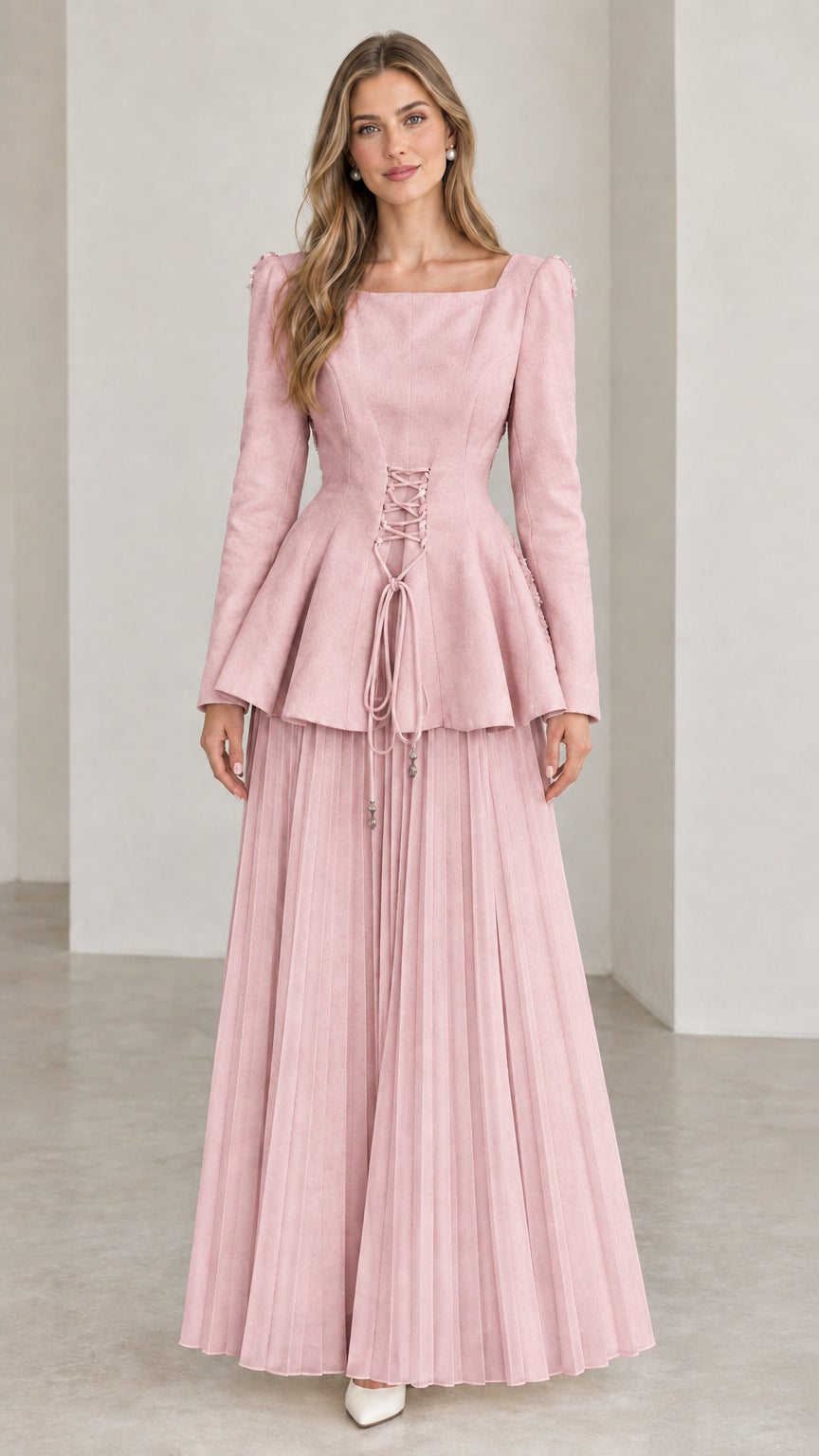 Dusty pink long sleeve corset peplum pleated maxi dress