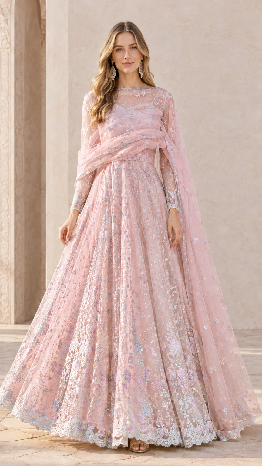 Blush Pink floral embroidered A-line Anarkali gown with dupatta