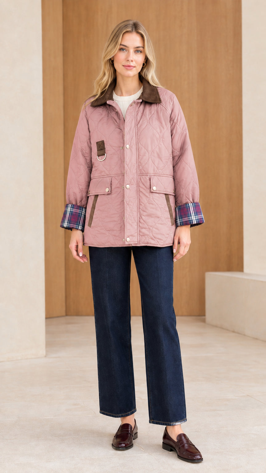 Front view of woman wearing dusty rose pink quilted barn jacket with contrast collar