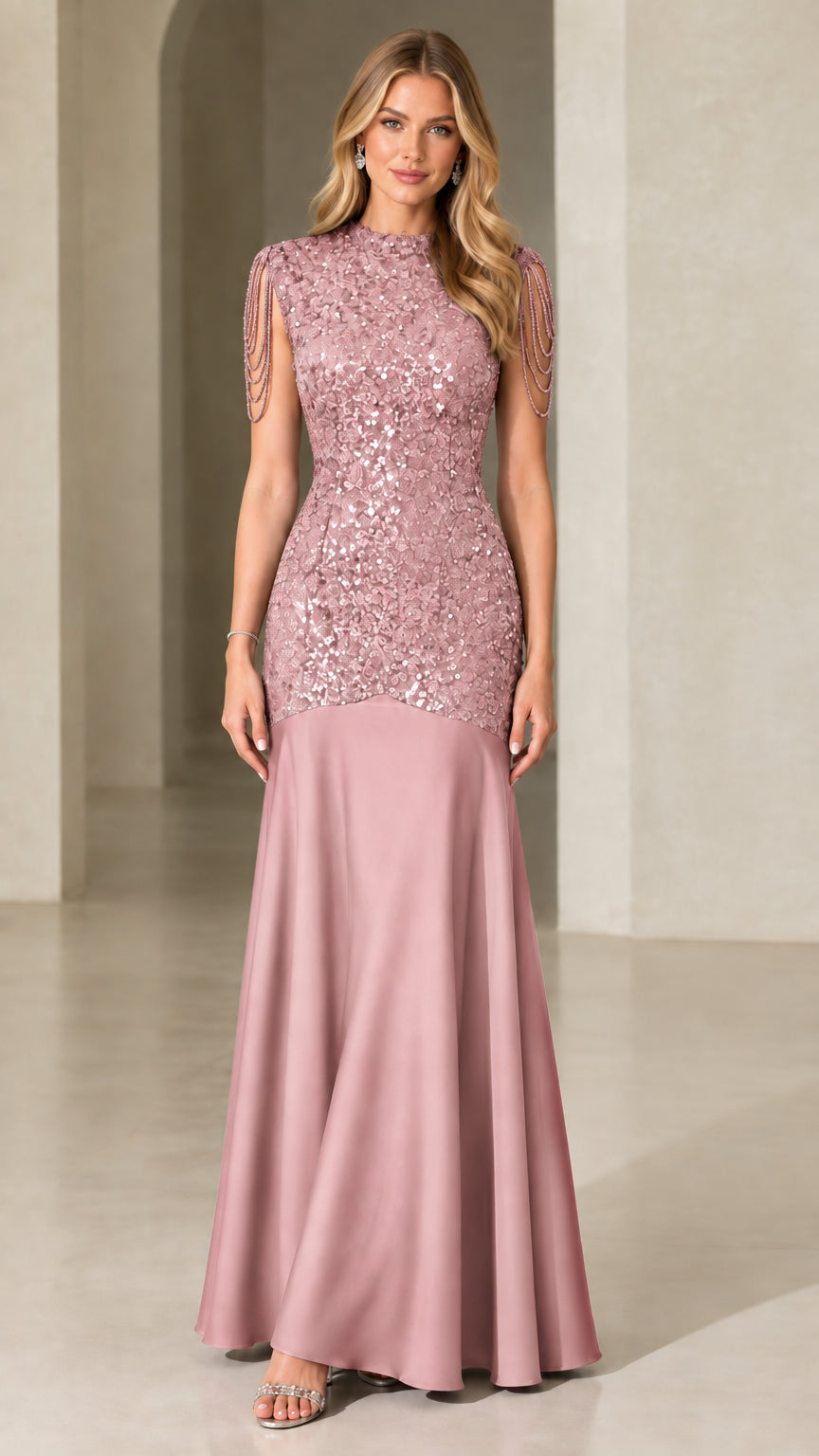 Front view of dusty rose sequin mermaid maxi dress with beaded shoulders