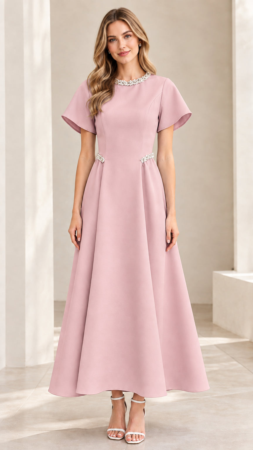 Model wearing Dusty Pink pearl-embellished flutter sleeve formal gown