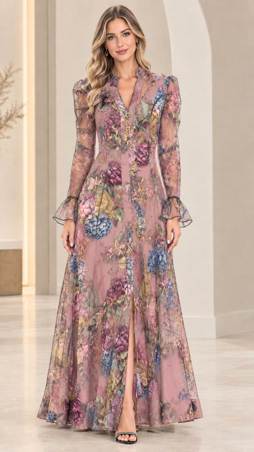 Dusty rose floral print sheer long sleeve maxi dress
