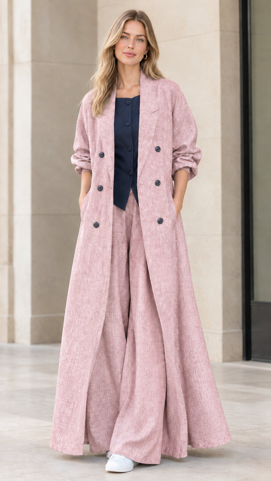 Full-length view of women's dusty pink maxi duster coat and wide-leg pants set