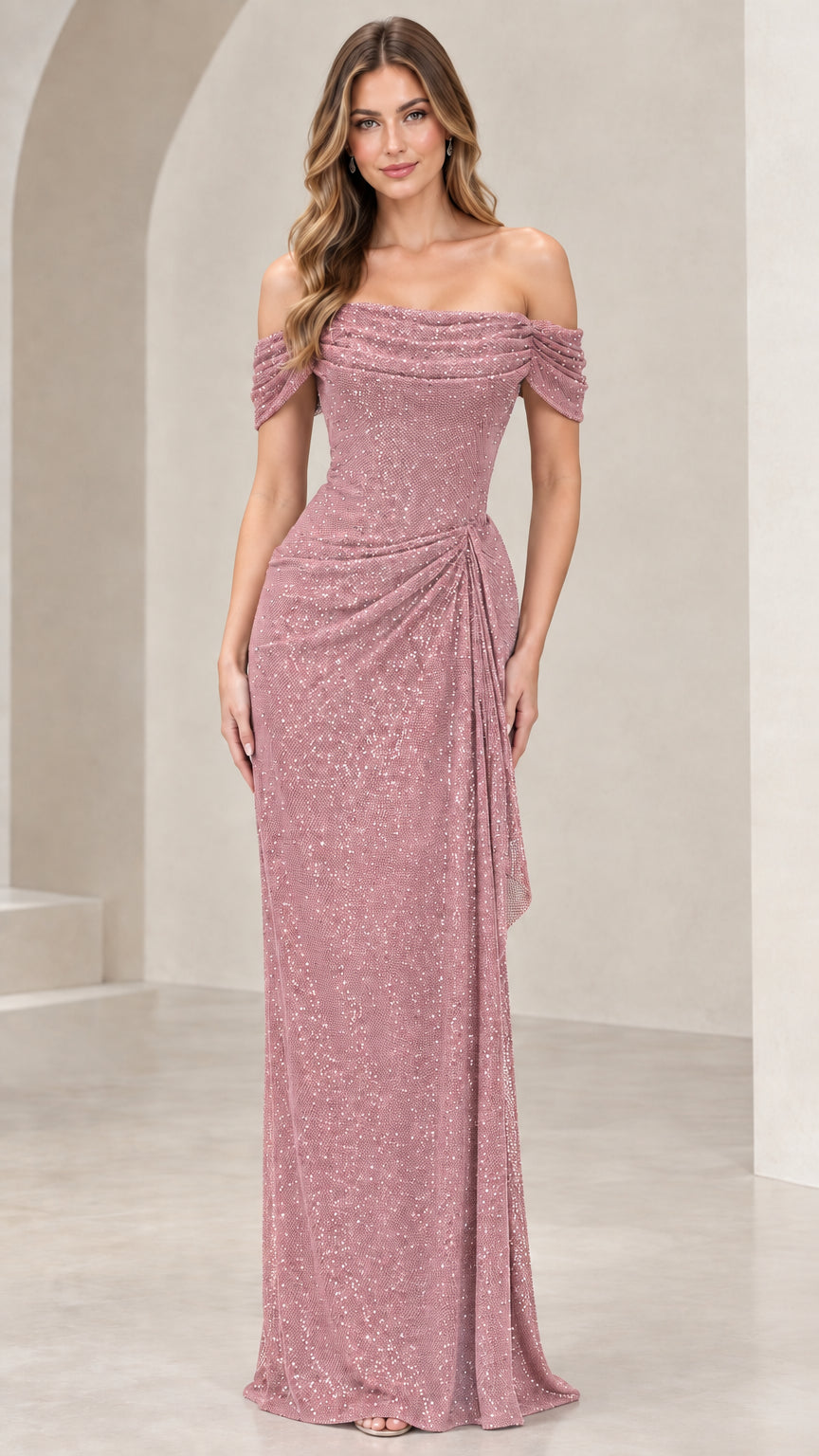 Front view of model wearing dusty pink sparkly off-shoulder evening gown