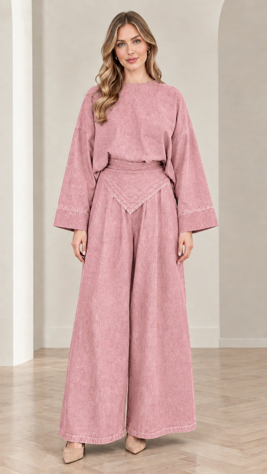 Women's dusty pink matching wide-leg pant set front view