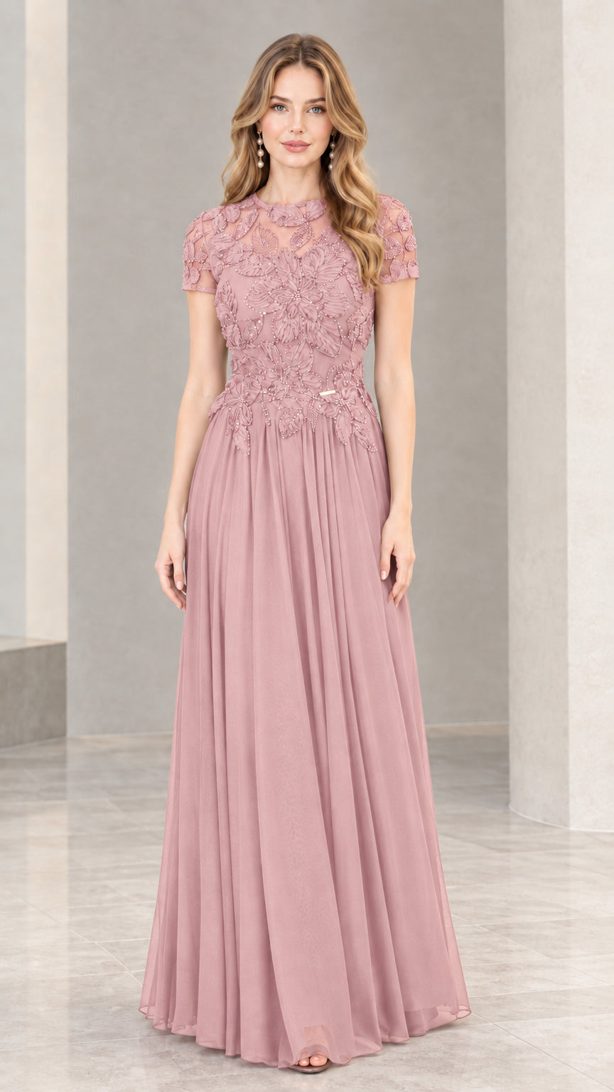 Dusty Pink embroidered floral lace evening maxi dress front view