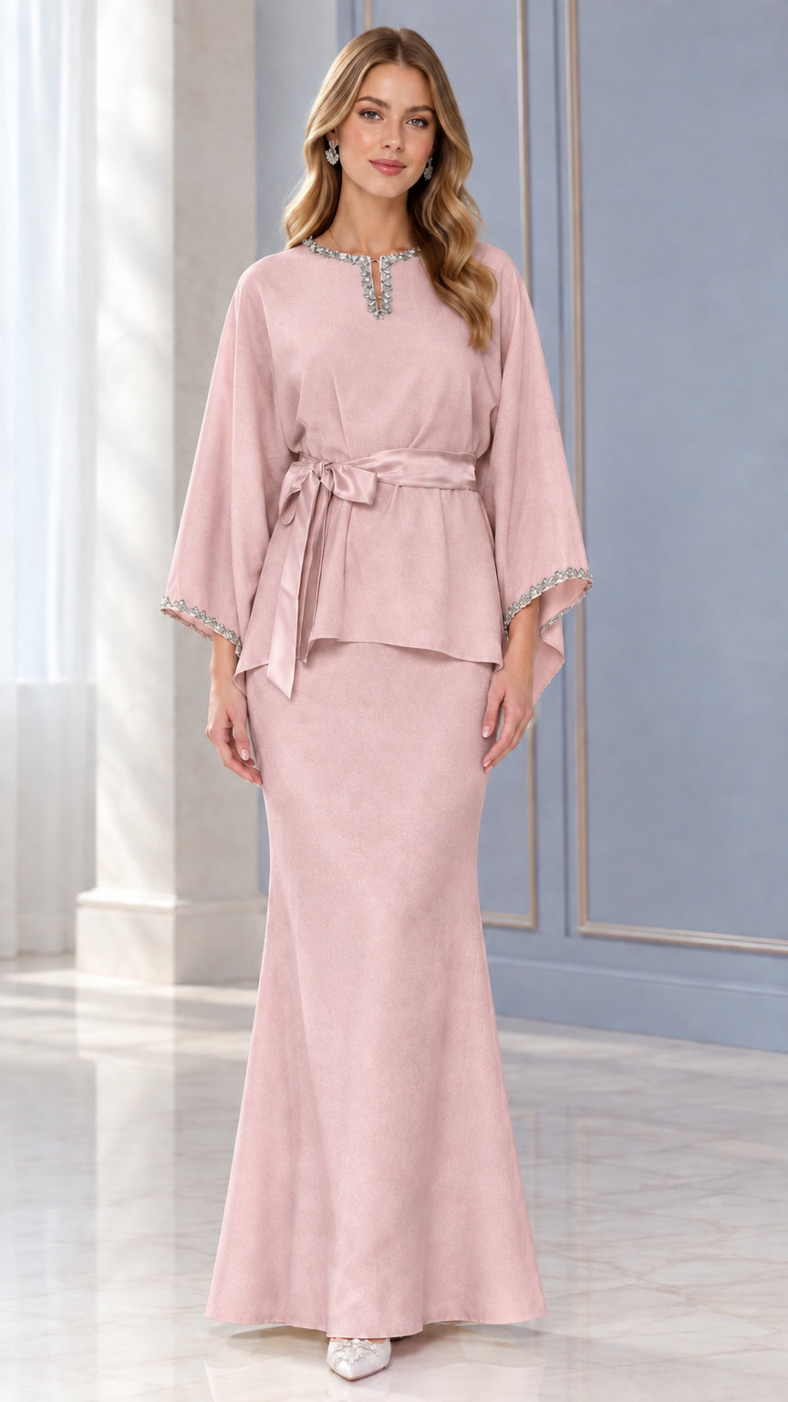 Full-length view of Dusty Pink embellished top and trumpet maxi skirt set