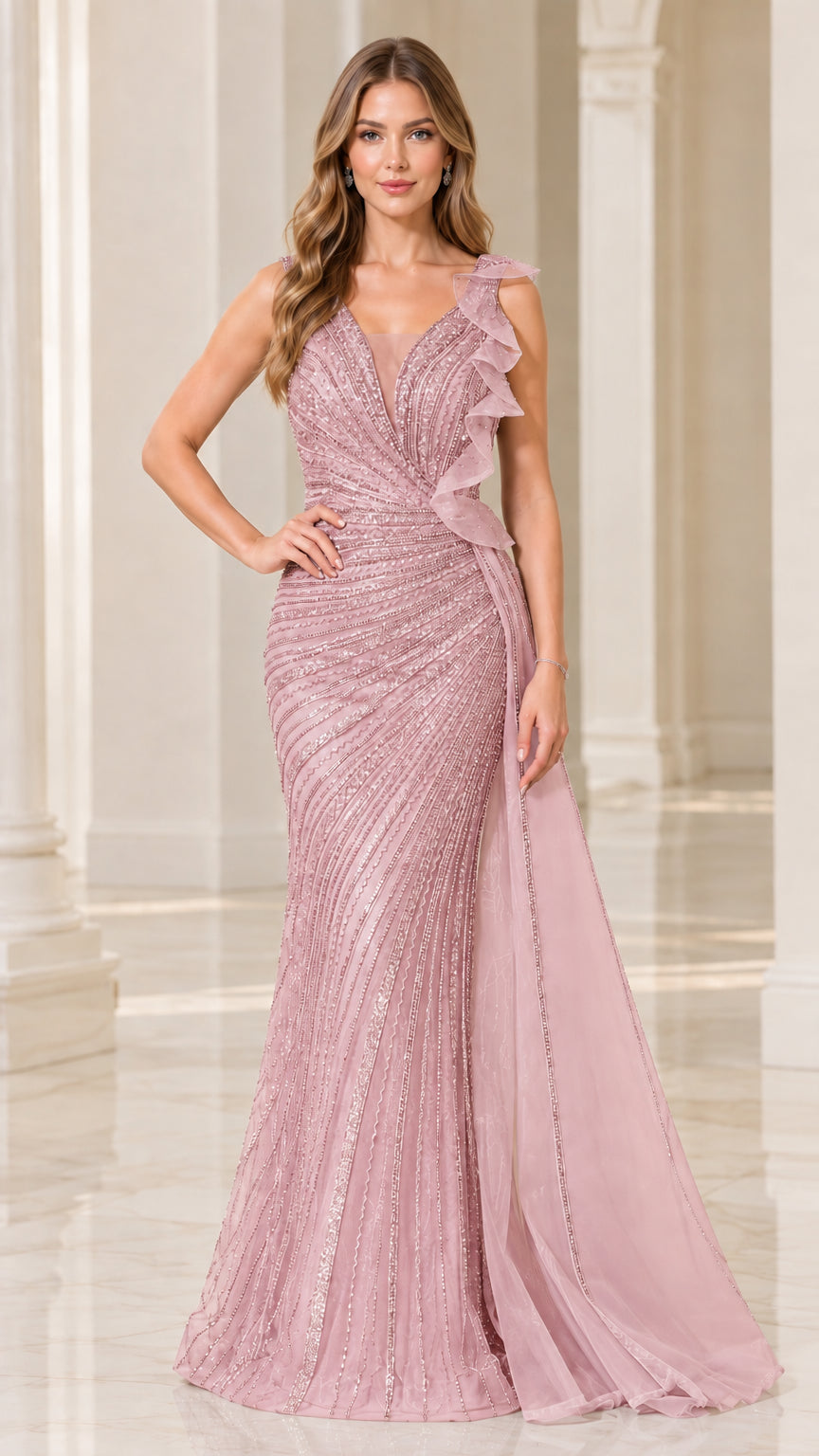 Dusty Pink sequin and beaded mermaid gala gown with cascading side tulle drape