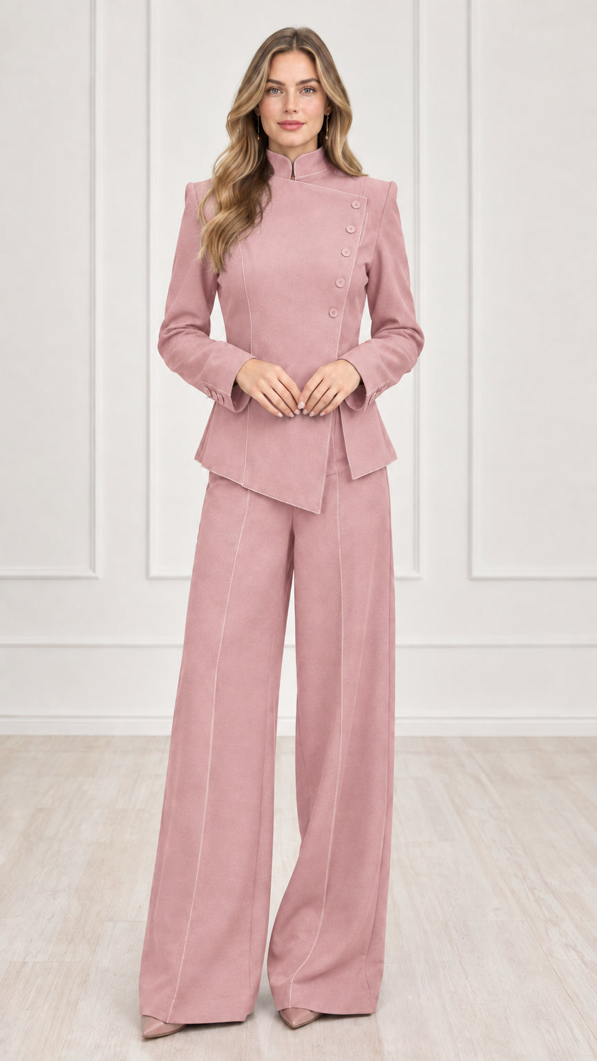 Full length view of women's dusty pink asymmetric blazer and wide-leg pants set