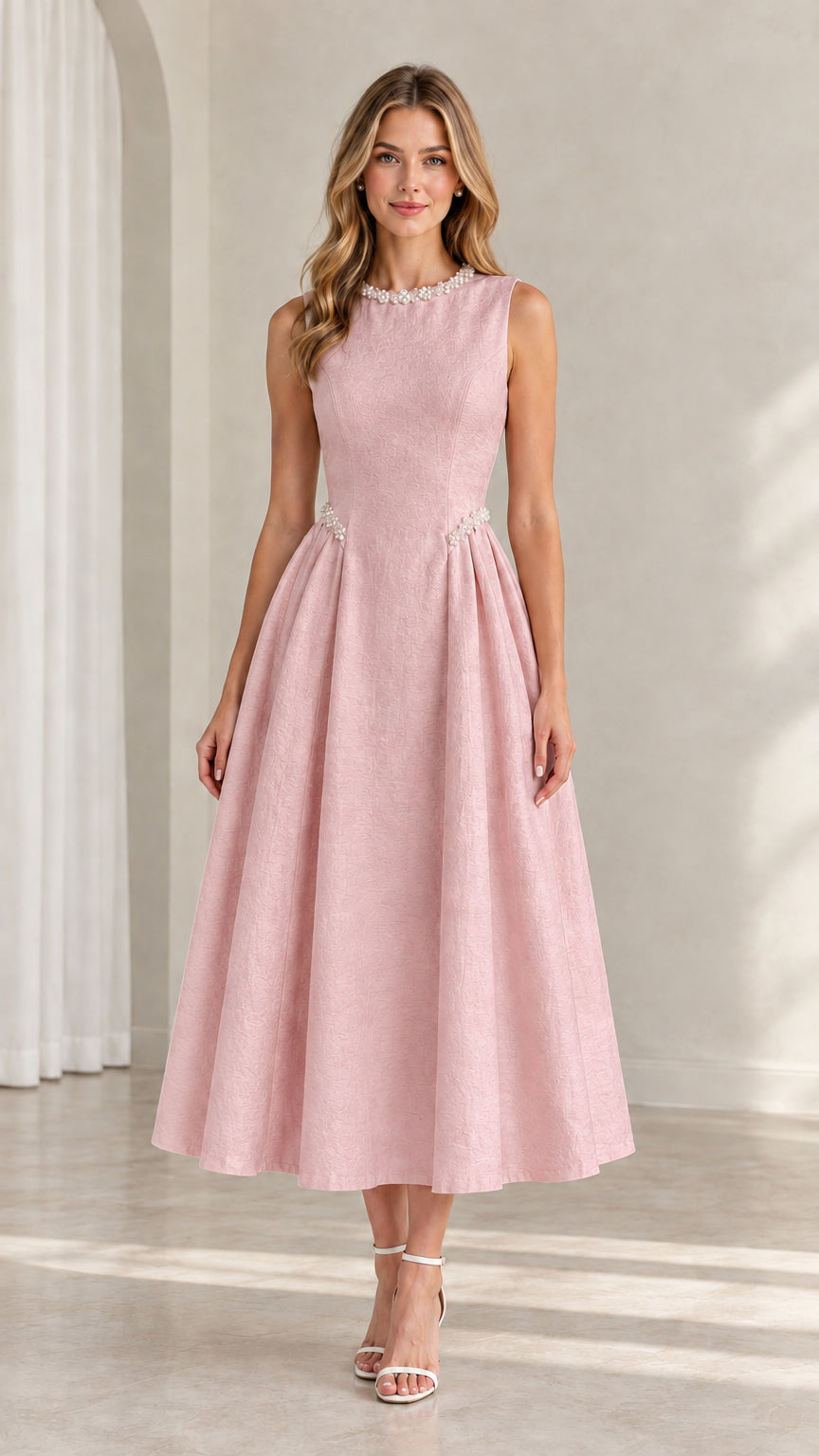 Model wearing blush pink sleeveless pleated A-line midi dress