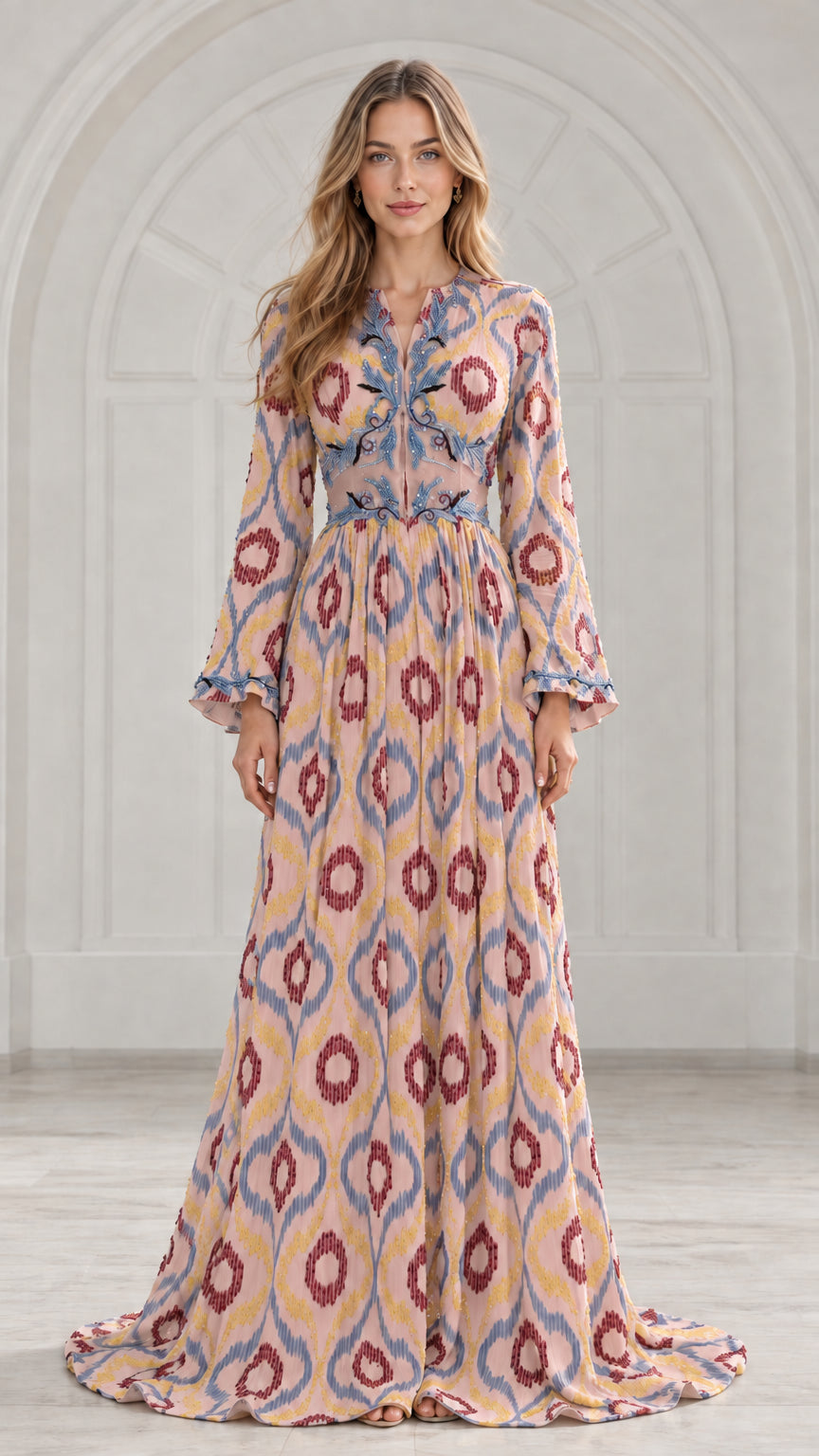 Front view of model wearing blush pink ikat print pleated maxi dress